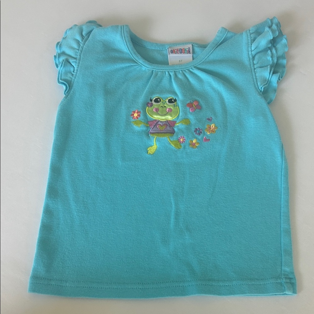 Okie Dokie Turquoise T Shirt with Embroidered Frog Size 5T